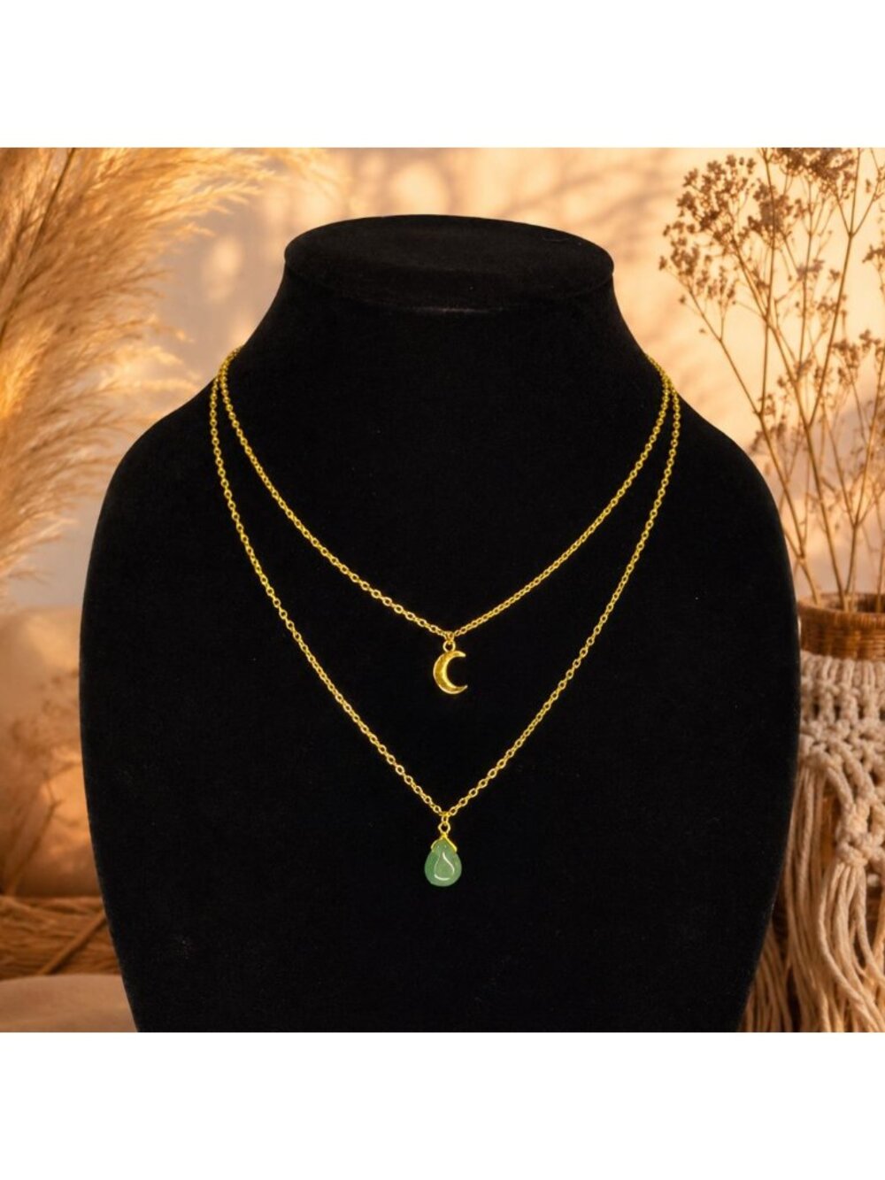 Green Aventurine Moon Pendant Necklace Layered Gold Plated Celestial Crystal